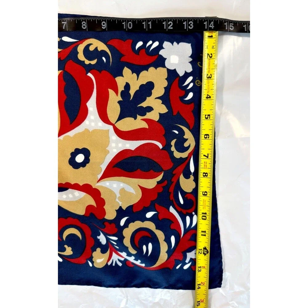 Vintage Pierre Cardin 100% Silk Scarf 14” Navy Red Gold Baroque Floral Mod Boho
